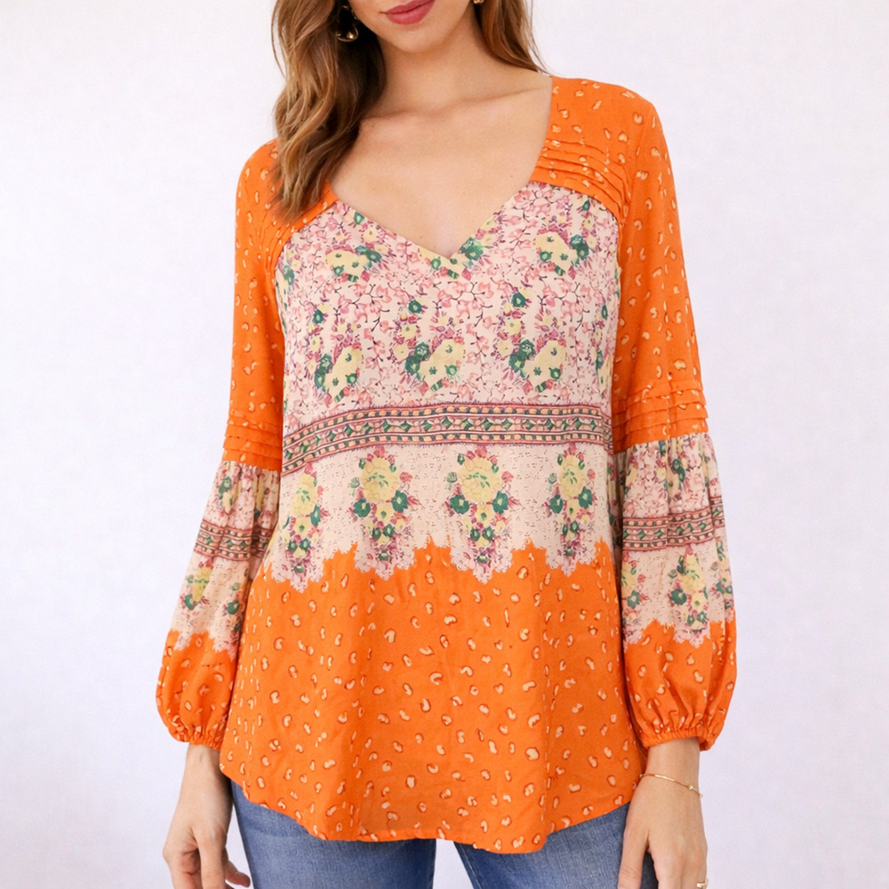 Anthro Maeve Ceresco Peasant Blouse XS NWT Orange Floral Boho Puff Sleeve